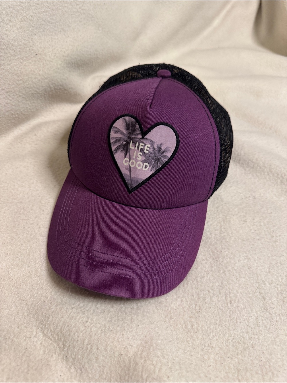 Life is Good Purple Heart Palm Tree Trucker Hat Mesh Snapback OS